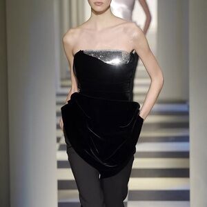 Oscar de la Renta black strapless draped velvet and sequin top / minidress